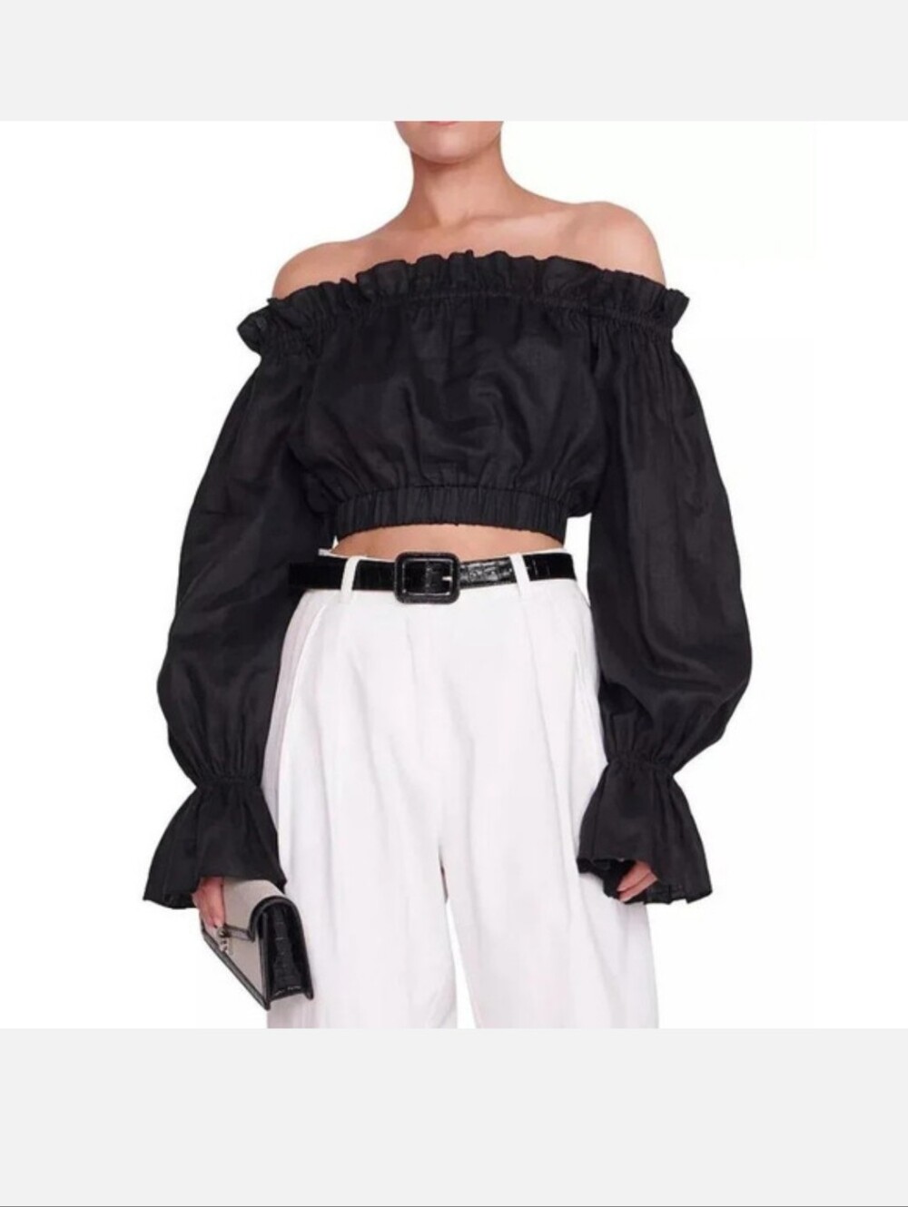 Staud Tristan Black Linen Off Shoulder Top